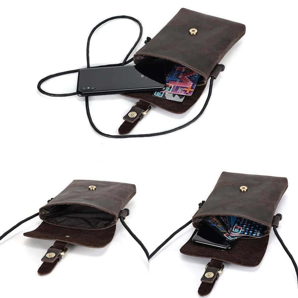 Stylish leather crossbody bag with phone and cards inside.
