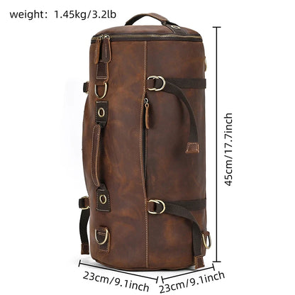 Brown leather duffle bag measuring 45cm high and 23cm wide, front view.