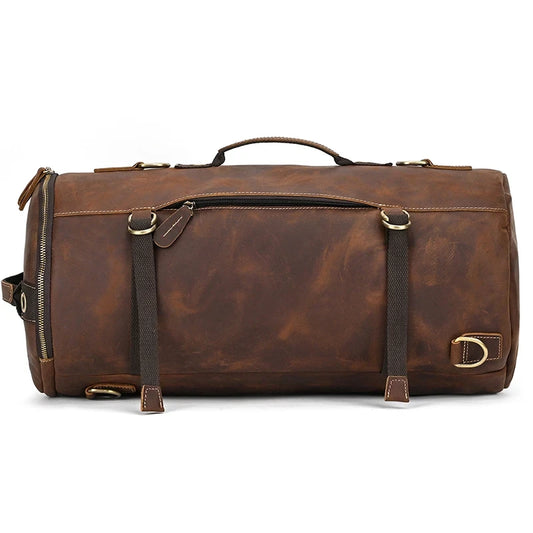 High quality brown leather duffle bag, with durable handles and elegant design, front view.