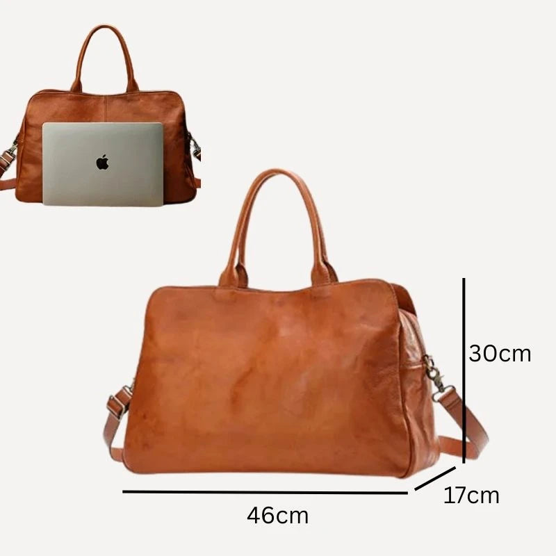 Brown leather handbag with an elegant and modern design, measuring 46cm wide, 30cm high, 17cm deep, frone view.