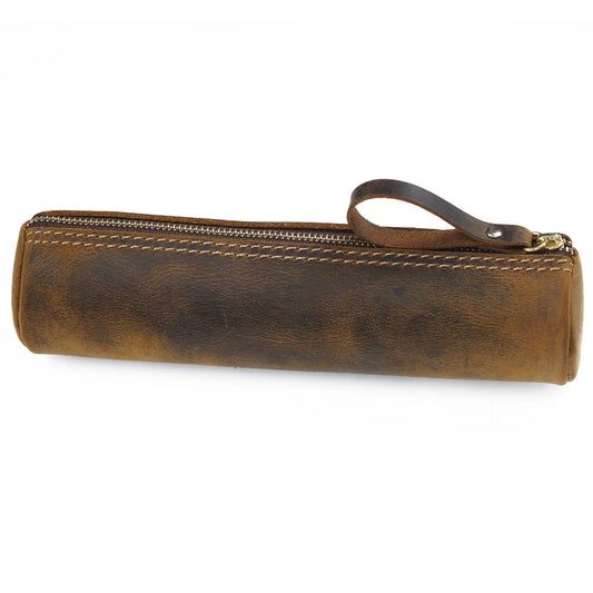 Brown leather pencil case with zipper, leather handle and fine stitching details, front view.