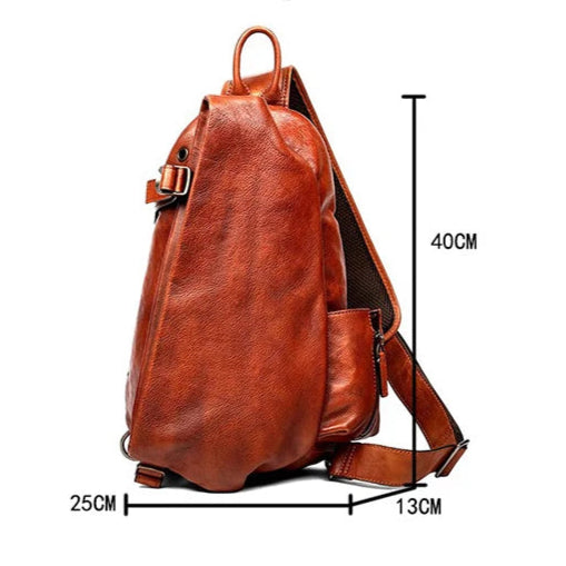 Brown leather shoulder bag measuring 40CM high, 25CM wide and 13CM deep - front view.