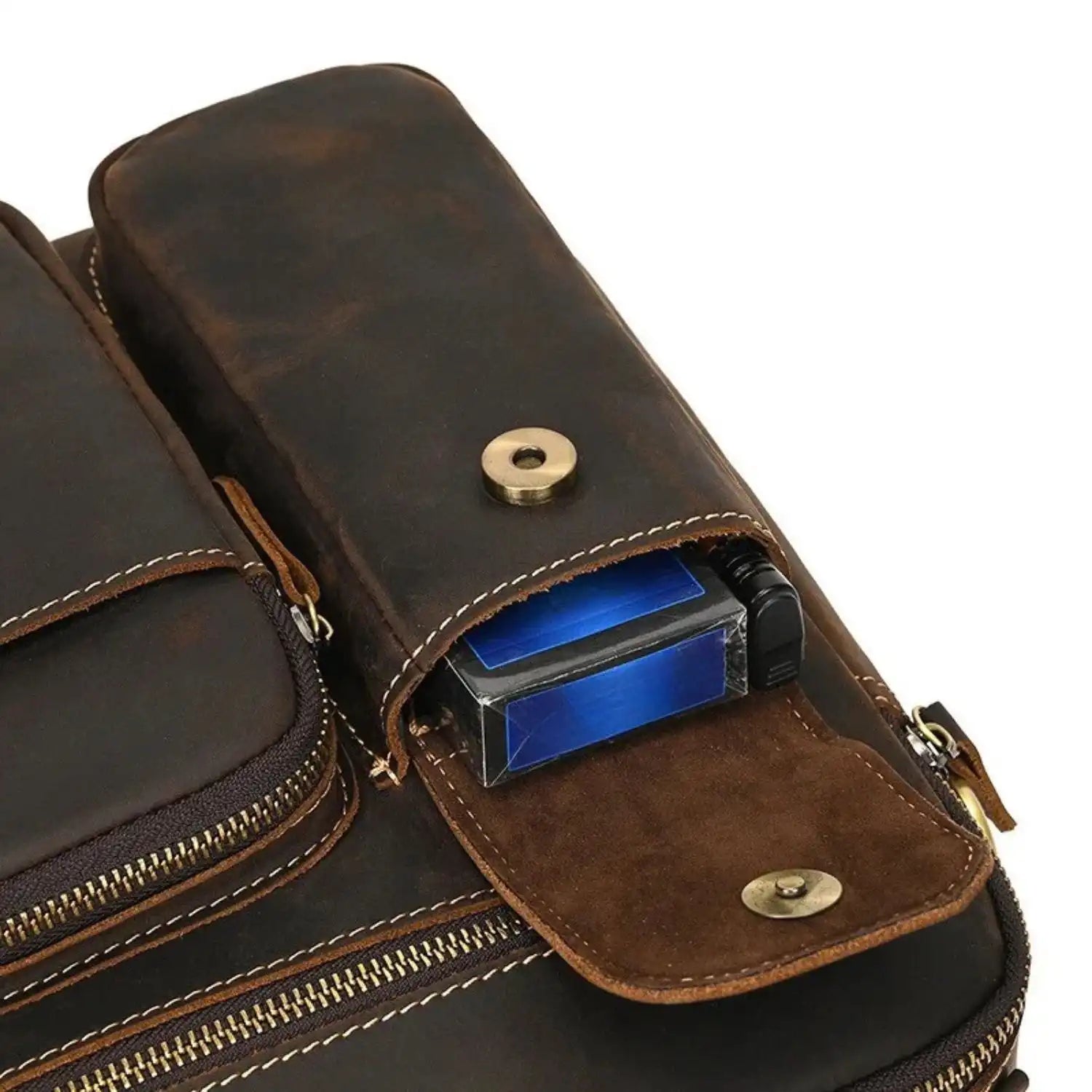 Detail of an external pocket of a brown leather bag.