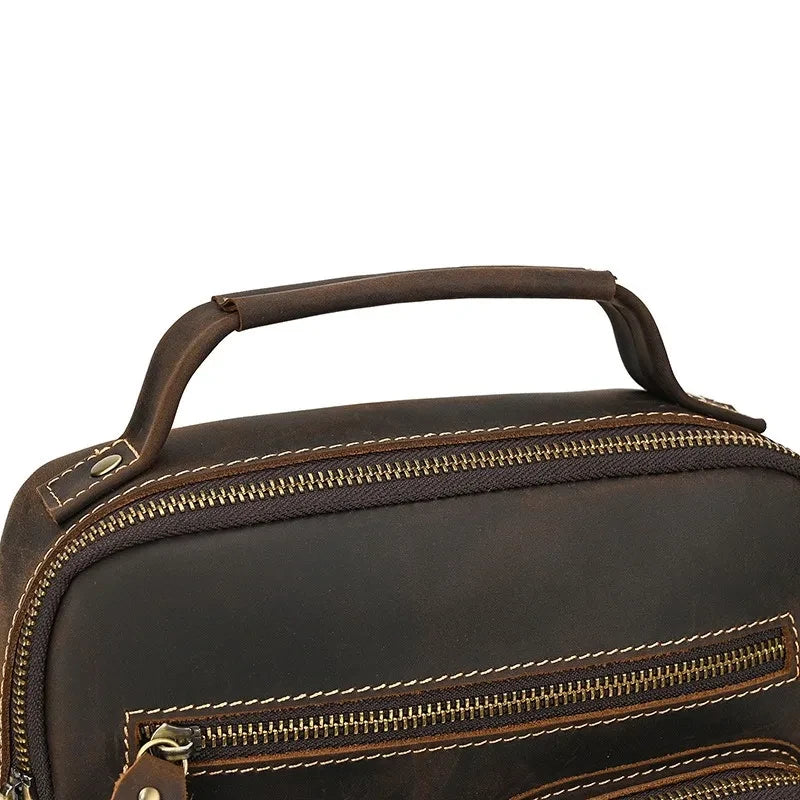 close-up view of a stylish brown leather  bag with a sturdy handle and zipper.