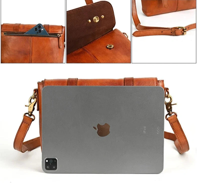 Elegant brown leather bag next to a tablet for size comparison.