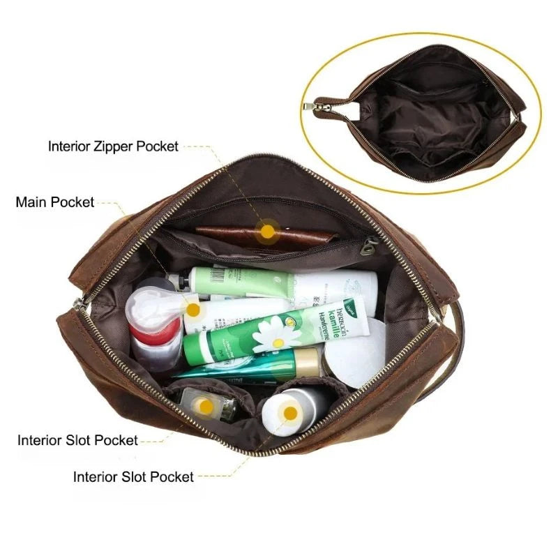 Interior of a brown leather toiletry bag with zipper closure and soft handle, with toiletry items, top view.
