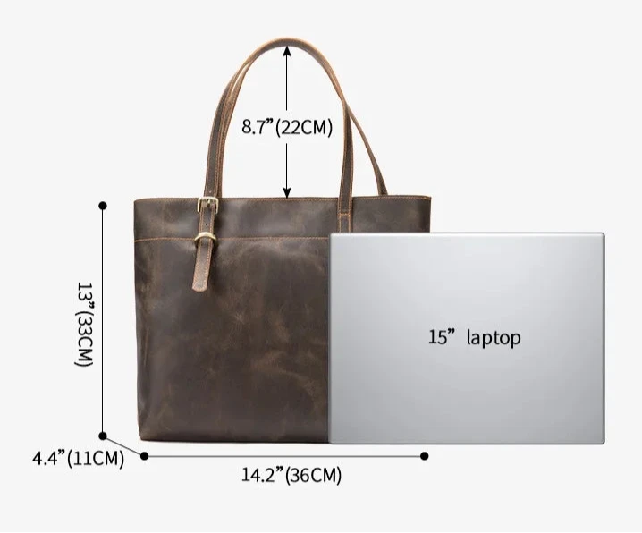 stylish brown leather tote bag with dimensions and a laptop for size comparison.