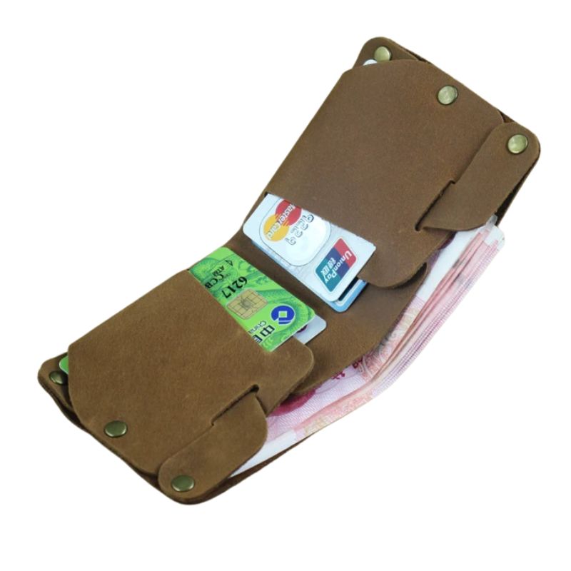 Open brown leather wallet with an elegant design, with cards and cash.