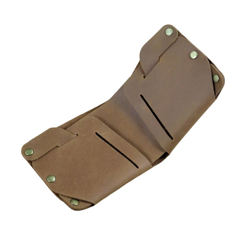 Open brown leather wallet with an elegant design, showing inner compartments and slots, front view.