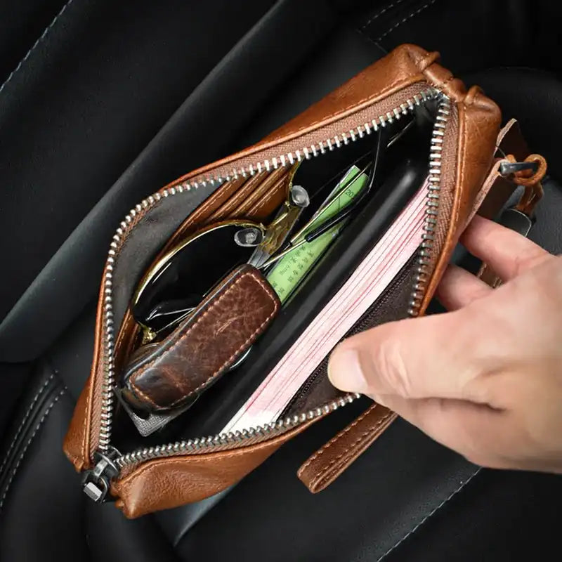 An organized view of a wallet's interior with cash and accessories.