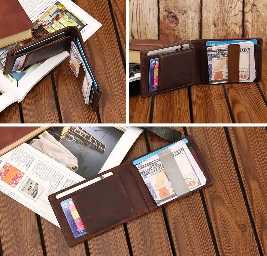 Open brown leather wallet featuring compartments for cards and cash on a wooden surface ideal for organization.