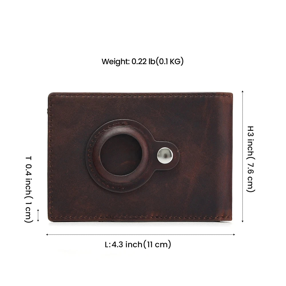 a brown leather wallet with an AirTag holder measuring 7.6 cm by 11 cm.