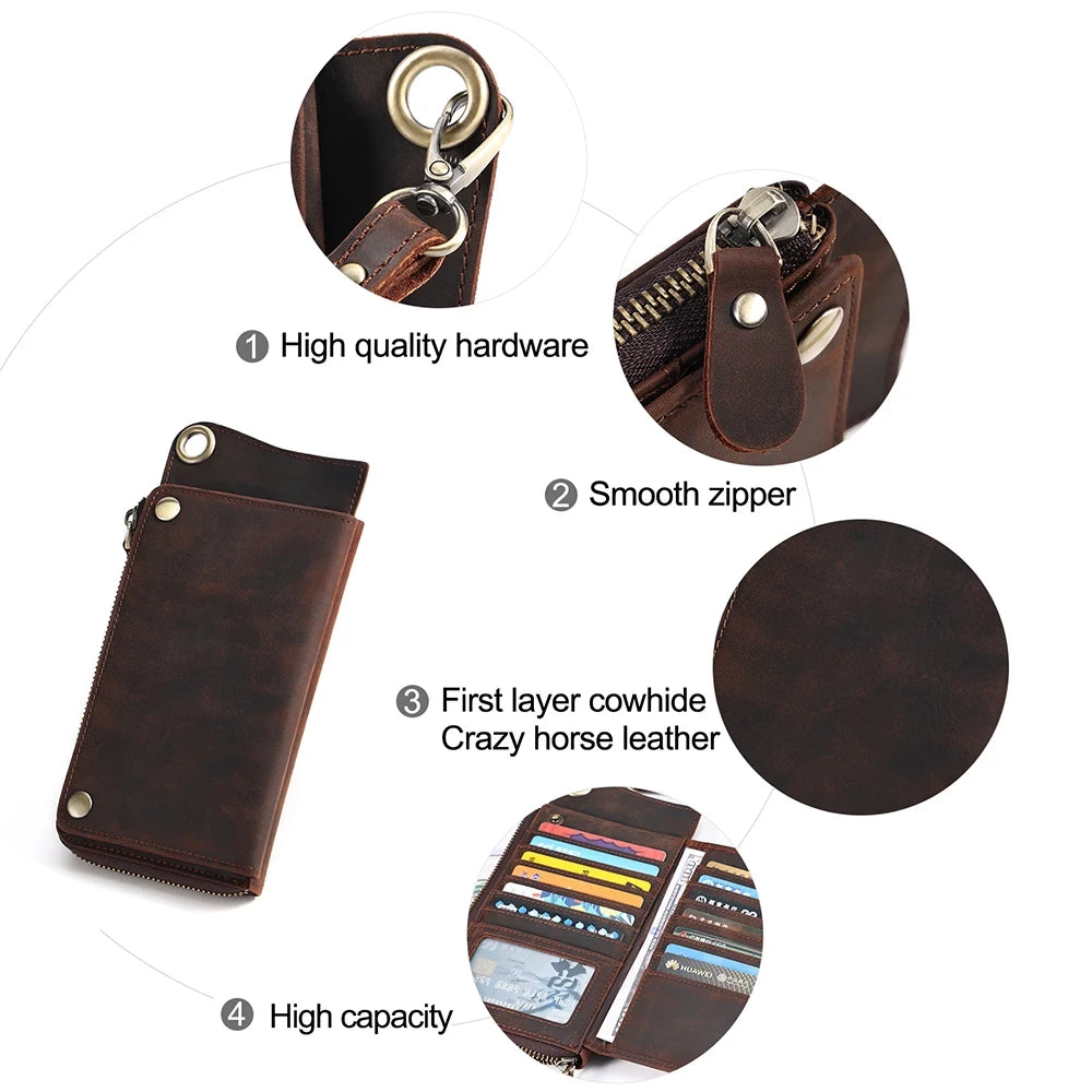 Brown leather wallet showcasing high quality hardware and smooth zipper.