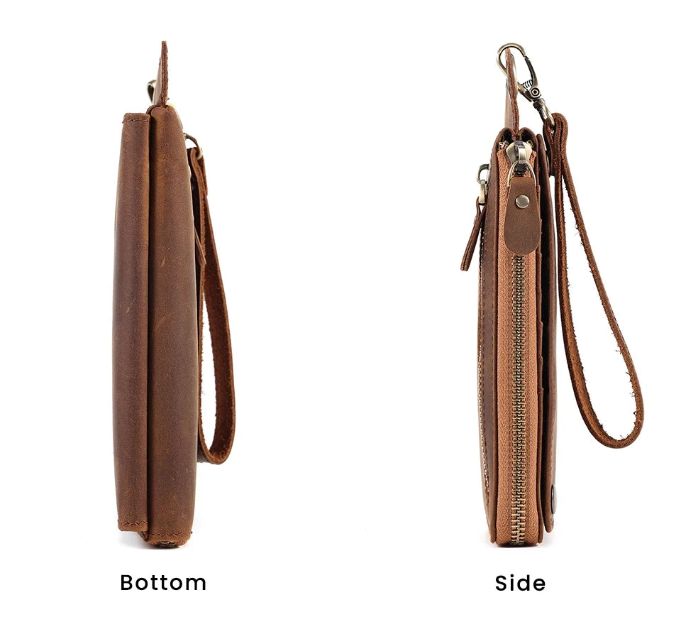 a brown leather long wallet with wrist strap, showing the side and bottom angles. 
