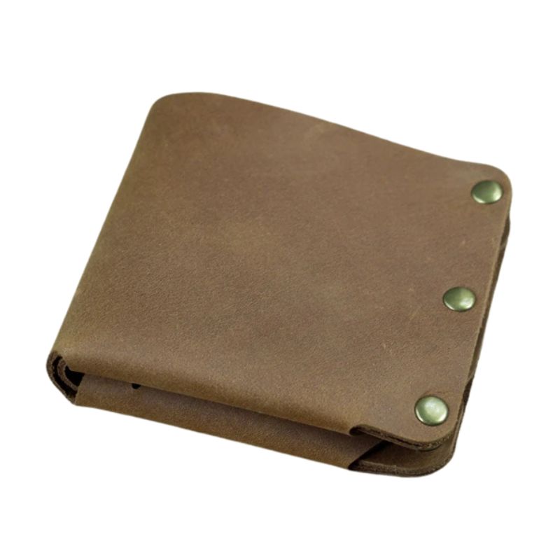 Brown leather wallet with metal details, front view. 