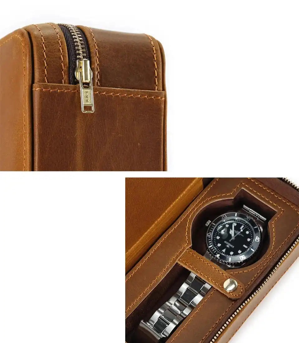 Brown leather watch case with zipper and compartment to store watch; ideal for collectors and travelers.