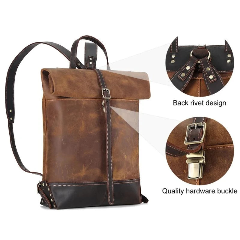 Brown leather backpack with elegant design, featuring back rivet design and quality buckle.