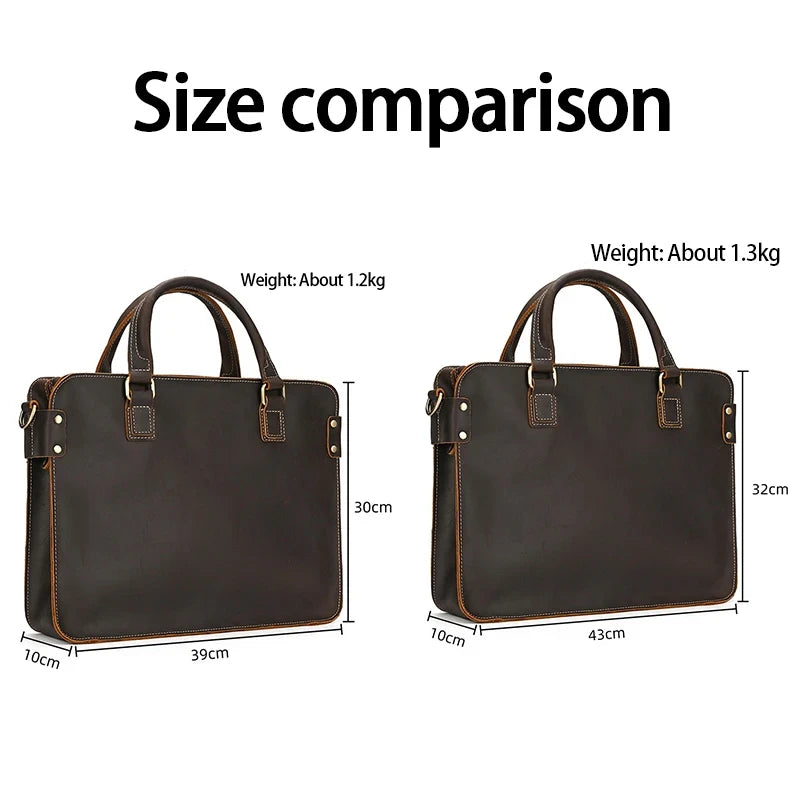 Comparison of sizes of two leather briefcases, small and large.