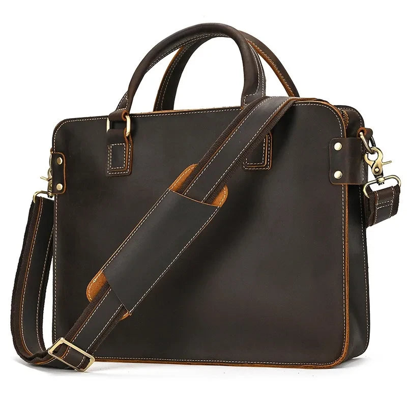 coffee brown leather suitcase with handles and side strap, combining style and functionality - front view
