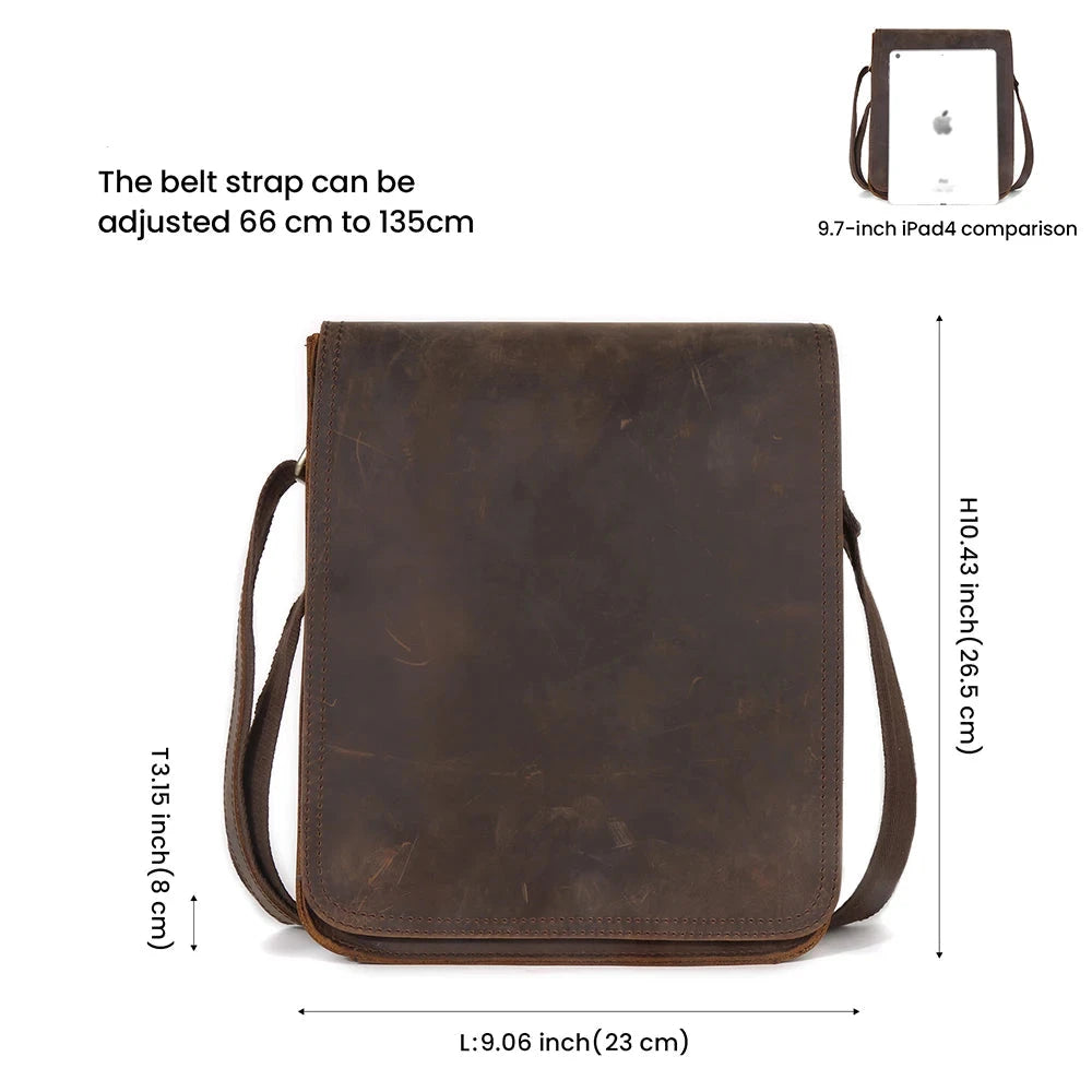 leather crossbody bag with adjustable strap, measuring 9.06 inches in length and 10.43 inches in height, front view.