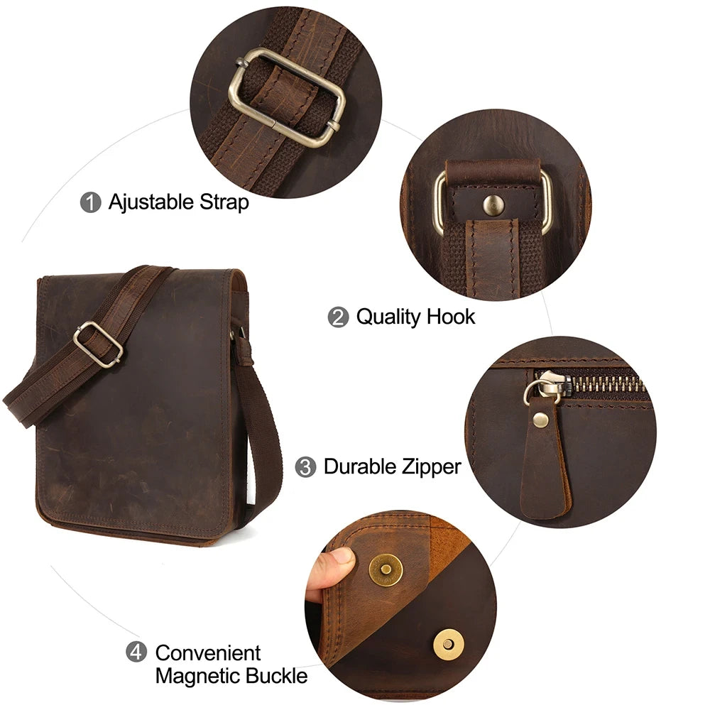 view of the features of a leather bag including adjustable strap, magnetic closure, durable zipper and quality hook.