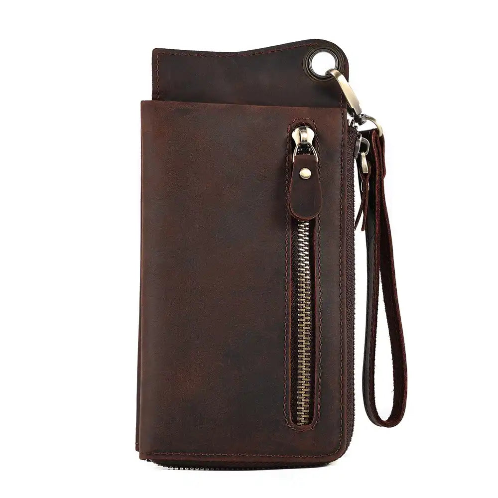 Dark brown leather long wallet, elegant and practical, with card slots, wrist strap and secure closure - back view.