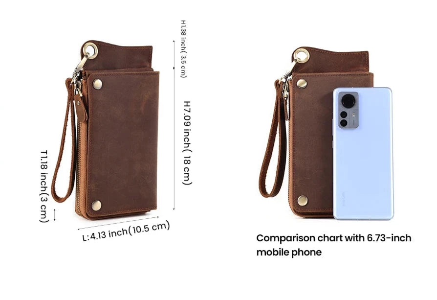  a brown leather wallet next to a smartphone for size reference and dimensions of 4.13 x 1.18 x 7.09 inches.