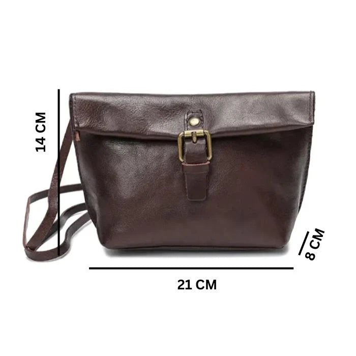 brown leather crossbody bag measuring 21 cm wide, 14 cm high and 8 cm deep.