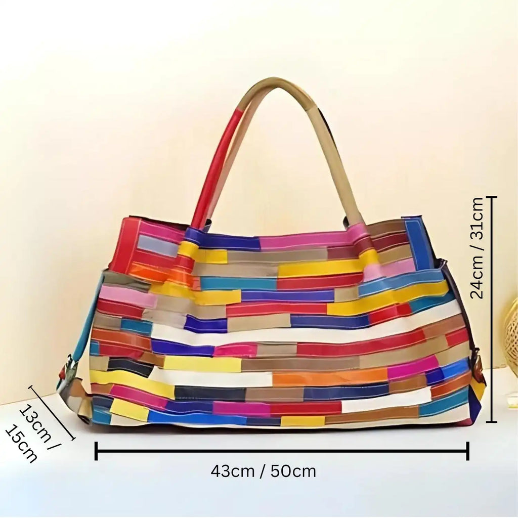 A fashionable leather tote bag with a multi-colored patchwork with dimensions.