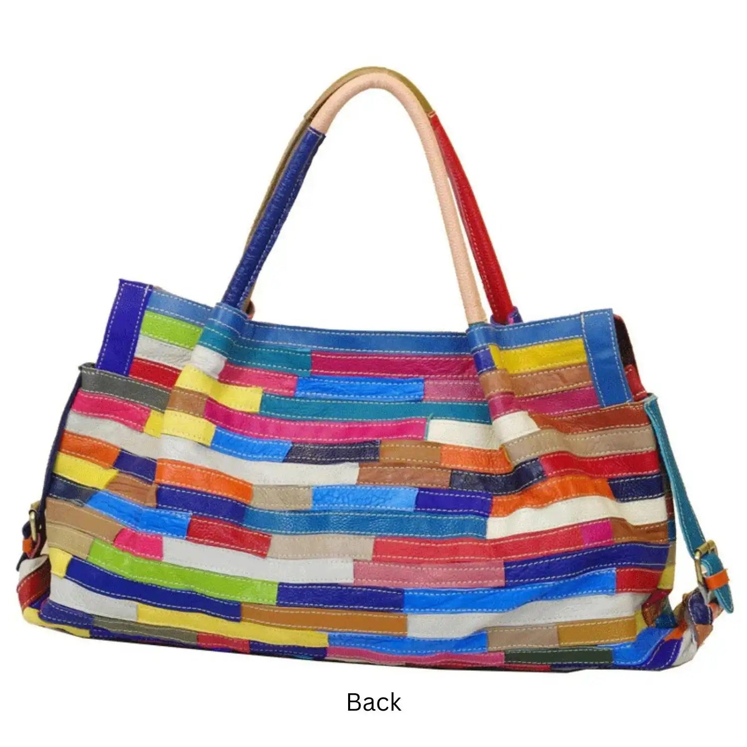 A fashionable leather tote bag with a multi-colored striped pattern, perfect for any outfit, back view.