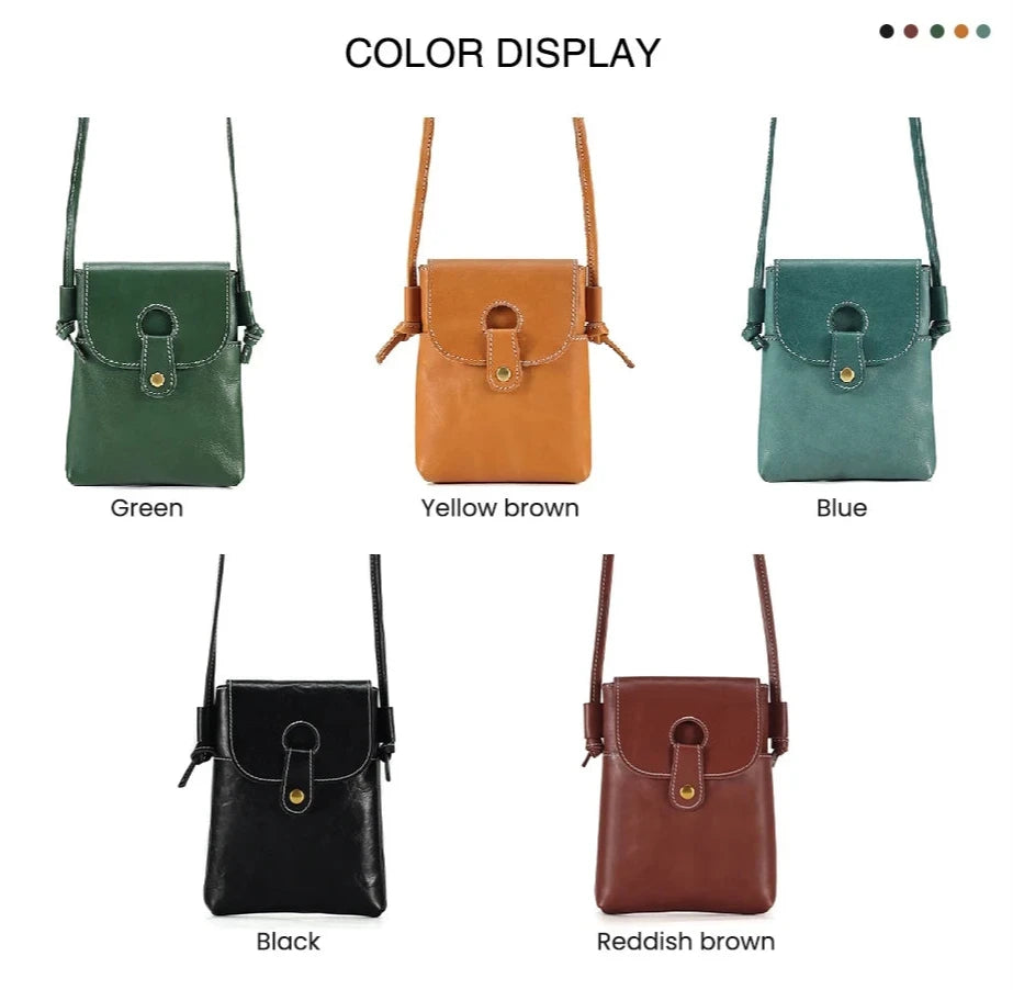 display of the color options for leather crossbody bags with a modern style showing in green, brown, blue, black and reddish brown.