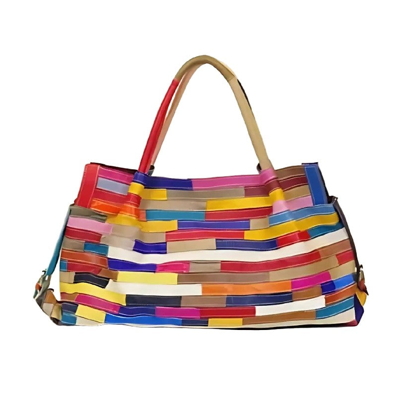 Colorful striped patchwork  leather handbag, front view