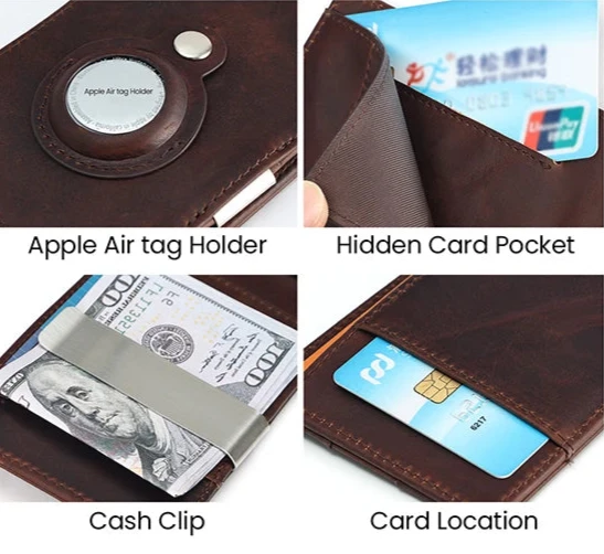 various views of a brown card holder that features Apple AirTag support, hidden card pocket, money clip, and card slot.