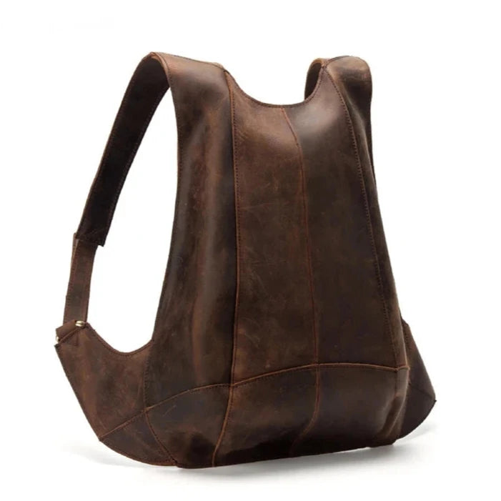 Stylish dark brown vintage leather backpack with a unique anti-theft design, front view.