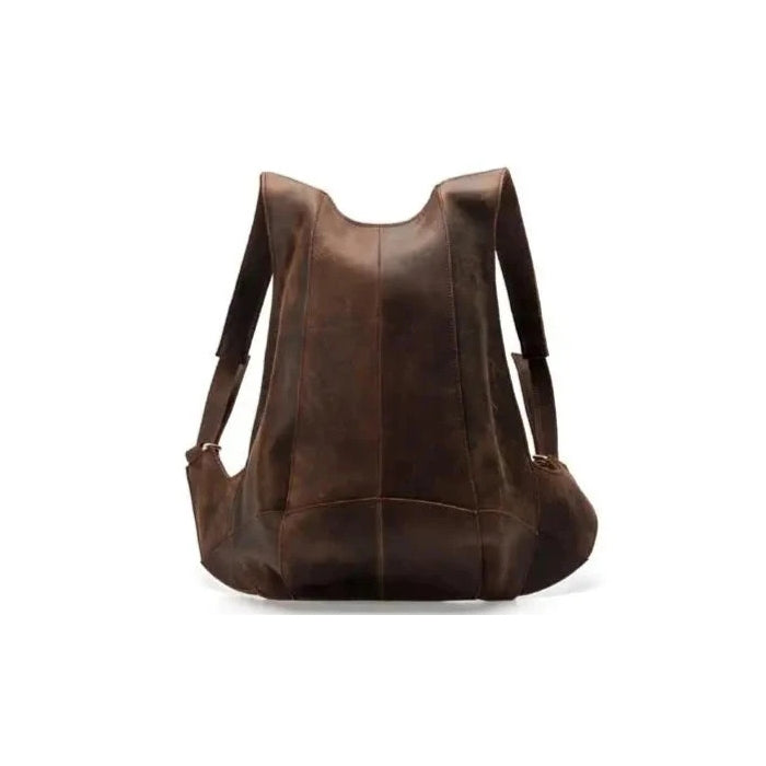 dark brown leather backpack with a unique anti-theft design, front view