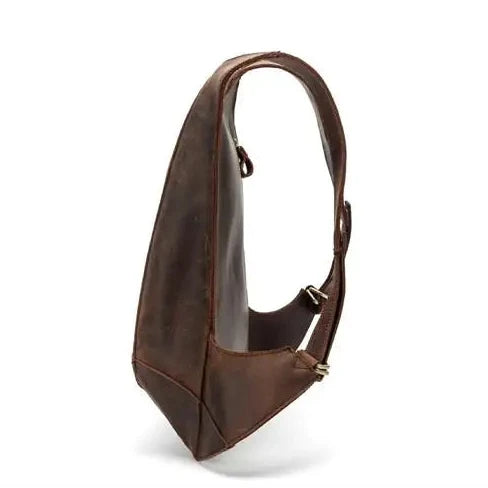 dark brown leather bag with adjustable straps, side view.