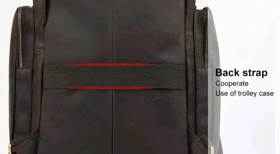 A stylish brown leather backpack showcasing its back strap for trolley case use.