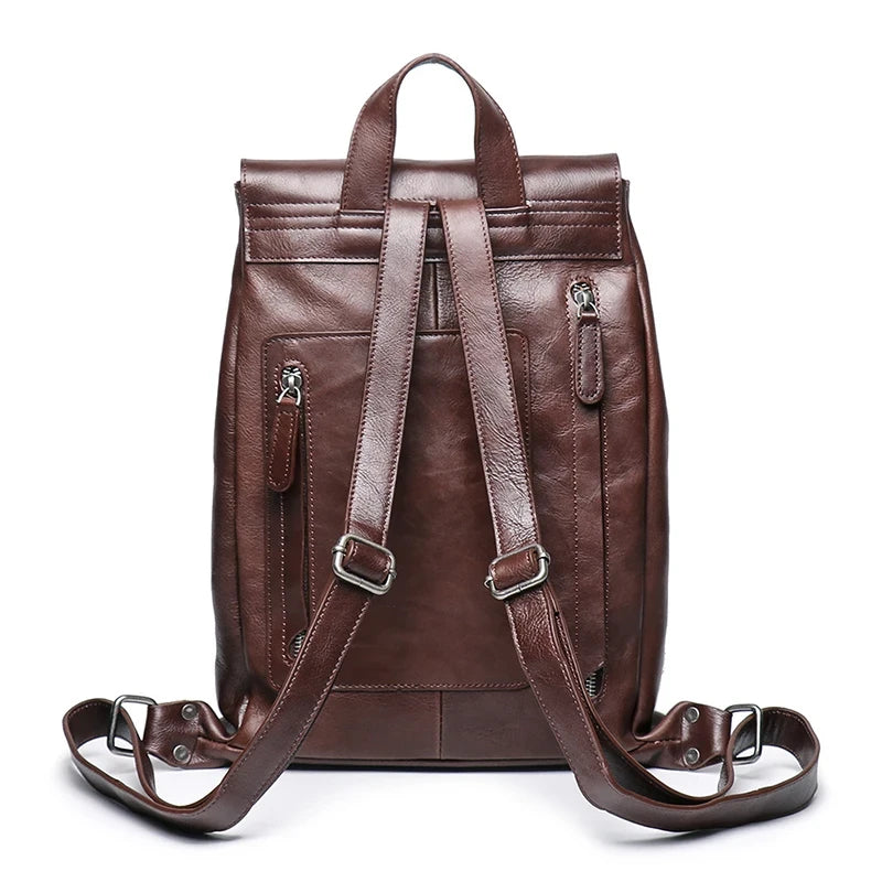 back view of a vintage coffee brown leather backpack with adjustable straps, soft handle and zipper pockets.