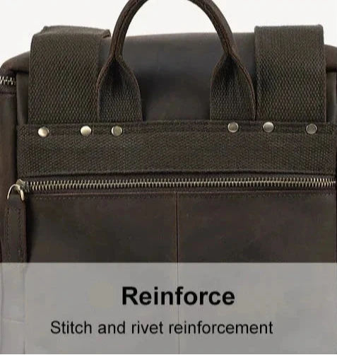 Close-up of a reinforced leather backpack showing stitch and rivet details.