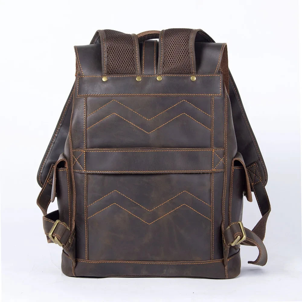 back view of a brown leather backpack with unique stitching design.