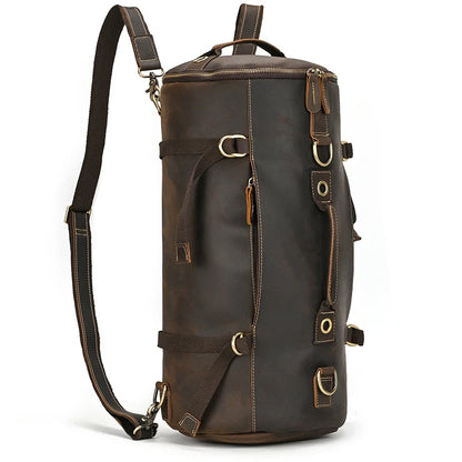 Durable and stylish dark brown leather duffle bag, with adjustable straps and several compartments for organization, front view.