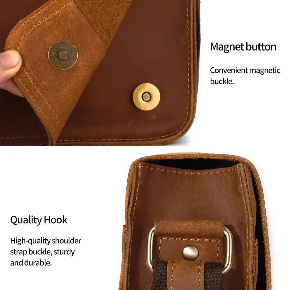 High quality magnetic button and hook detail on leather bag, highlighting its durability and practicality.