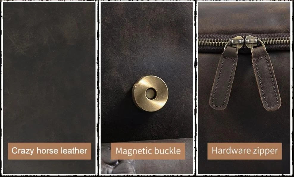 Close-up of a hardware zipper, magnetic buckle and leather texture emphasizing its quality and durability.