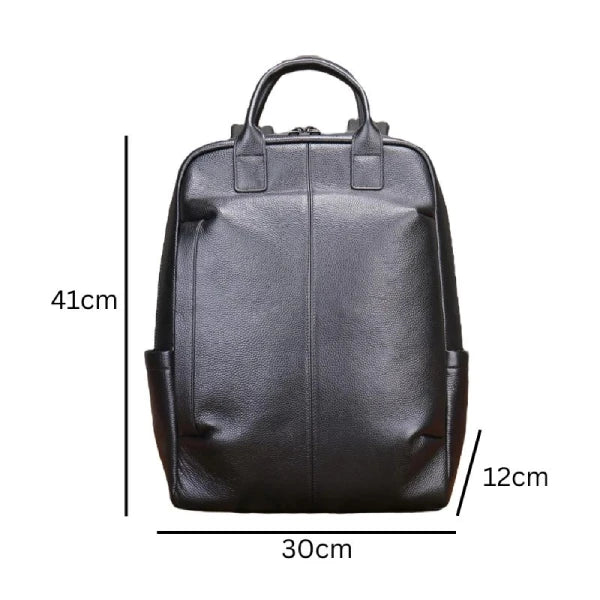 Black leather backpack showcasing its size: 41cm height, 30cm width, and 12cm depth.