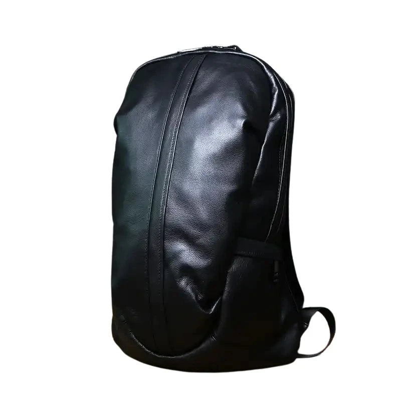 Black leather backpack with an elegant design, front view - variant.