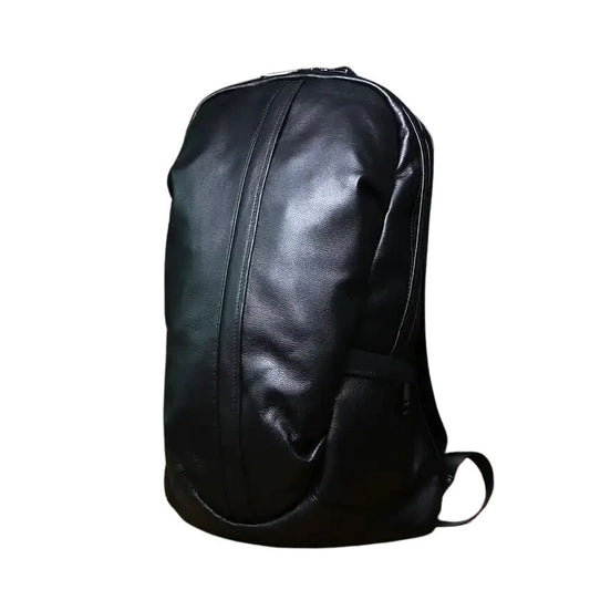Black leather backpack with an elegant design, front view - variant.