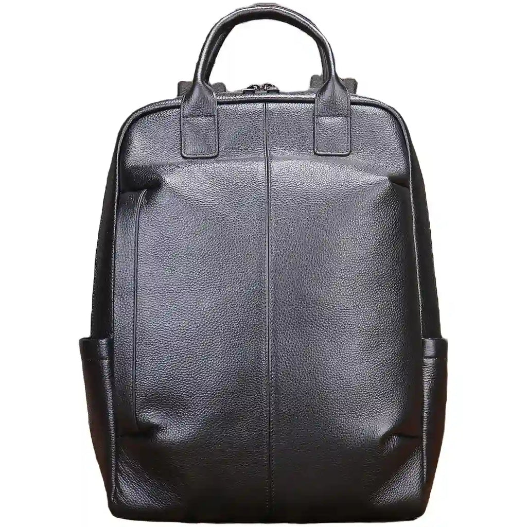 Elegant black backpack made from high-quality leather - front view.