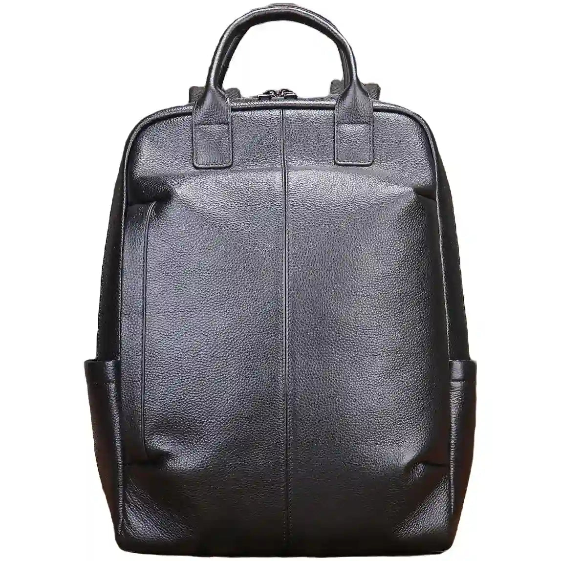 Elegant black backpack made from high-quality leather - front view.