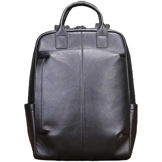 Elegant black backpack made from high-quality leather - front view.