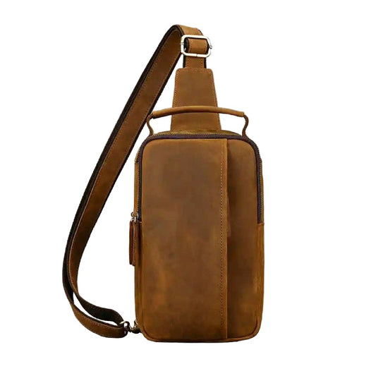 Brown leather sling bag on a white background, frone view